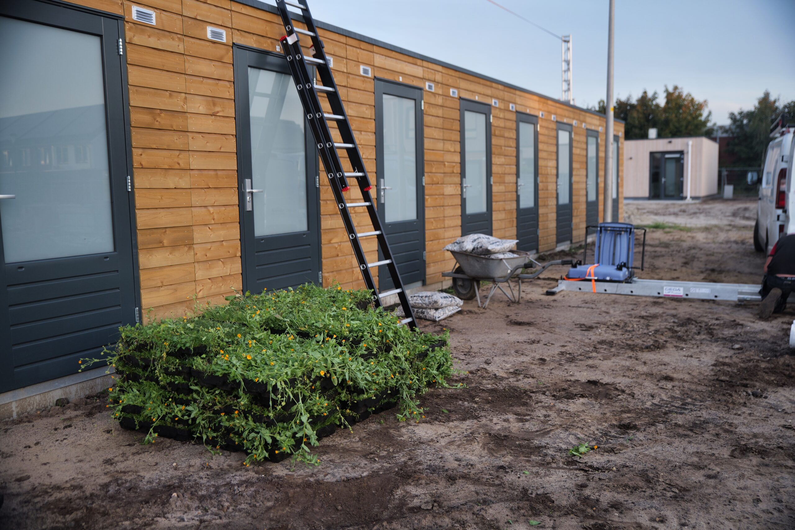 Biodivers groendak leggen met EcoRoof Cassettes op prefab bergingen in Holten